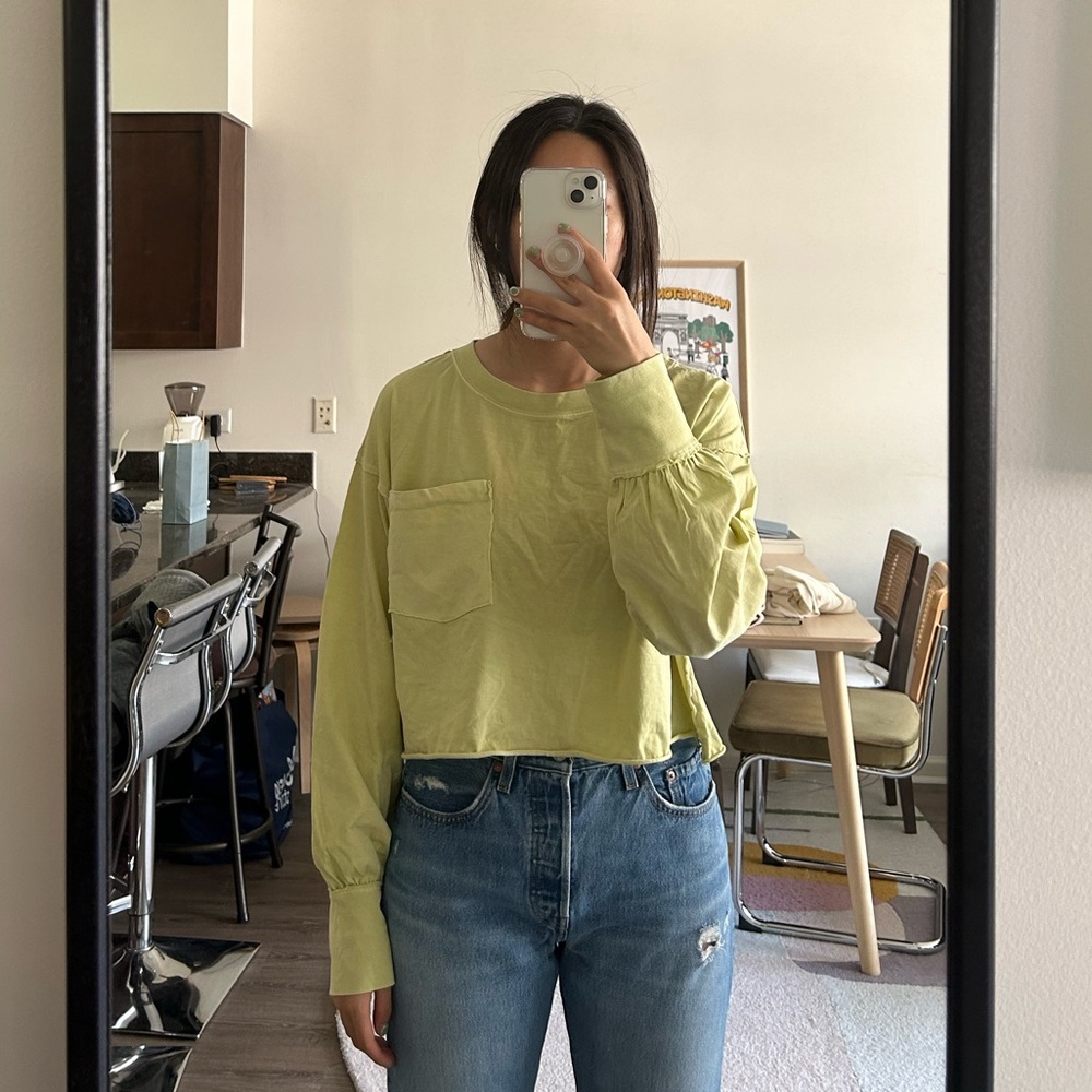 Free People Austin Washed Lime Green Long Sleeve Cropped Tee
